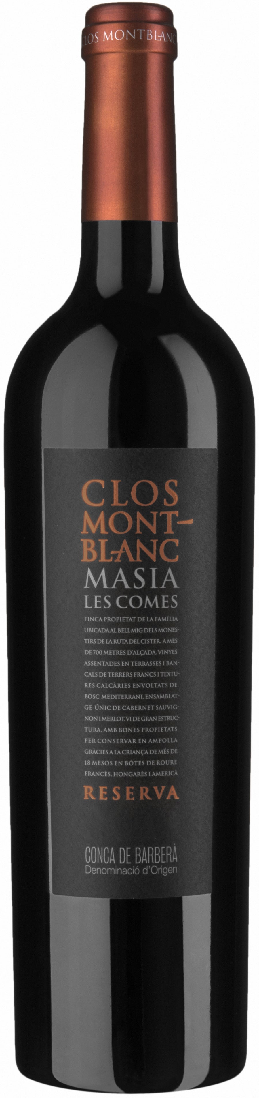 Rode wijn – blend van Cabernet Sauvignon & Merlot van Clos Mont Blanc uit Conca de Barberà, Catalonië (Spanje), fles