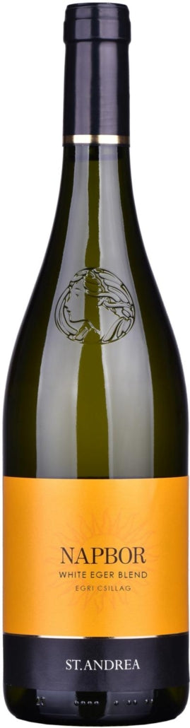 Witte wijn – blend van lokale druiven zoals Zengő, Olaszrizling en Hárslevelű met Chardonnay en Sauvignon Blanc van St. Andrea uit Eger, Hongarije, fles