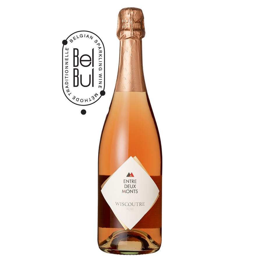 Mousserende rosé wijn – blend van Auxerrois, Acolon & Chardonnay van Wijndomein Entre-Deux-Monts uit Heuvelland (België), traditionele methode, fles
