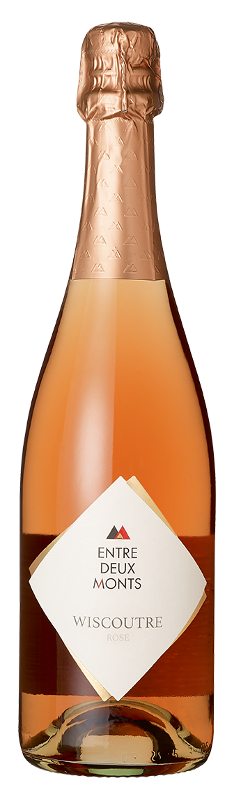 Mousserende rosé wijn – blend van Auxerrois, Acolon & Chardonnay van Wijndomein Entre-Deux-Monts uit Heuvelland (België), traditionele methode, fles