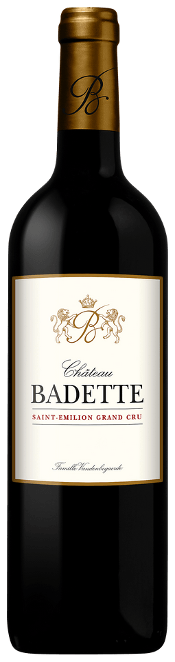 Rode wijn – blend van Merlot, Cabernet Franc, Cabernet Sauvignon & Petit Verdot van Château Badette uit Saint-Émilion Grand Cru Classé, Bordeaux (Frankrijk), fles